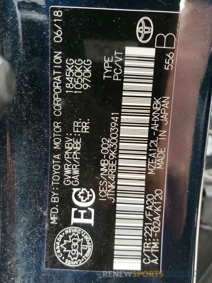 13 fotografías del automóvil dañado JTNK4RBE9K3003941 TOYOTA COROLLA 2019
