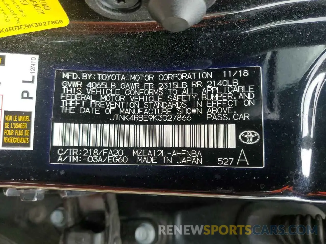 12 fotografías del automóvil dañado JTNK4RBE9K3027866 TOYOTA COROLLA 2019
