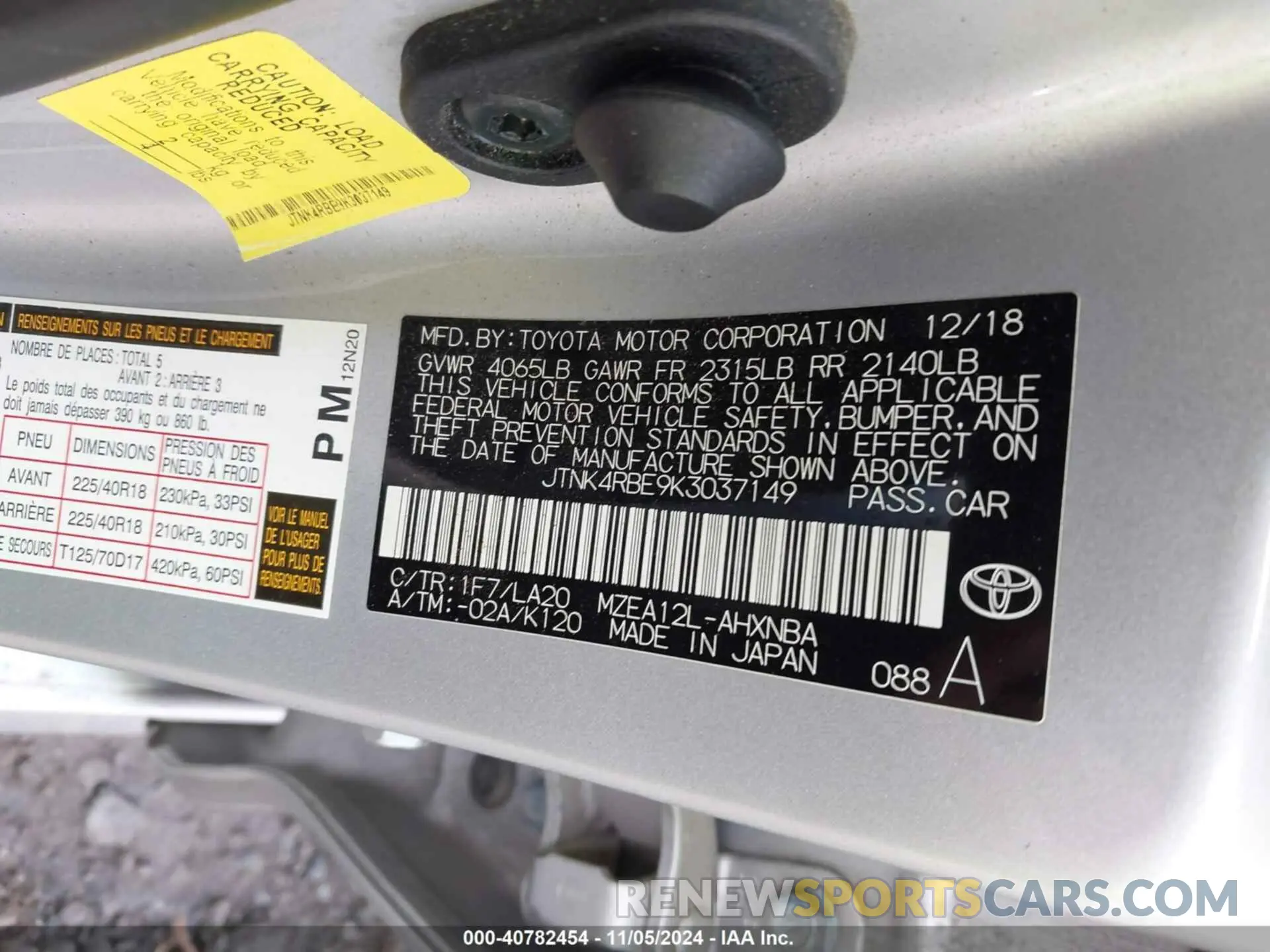 9 fotografías del automóvil dañado JTNK4RBE9K3037149 TOYOTA COROLLA 2019