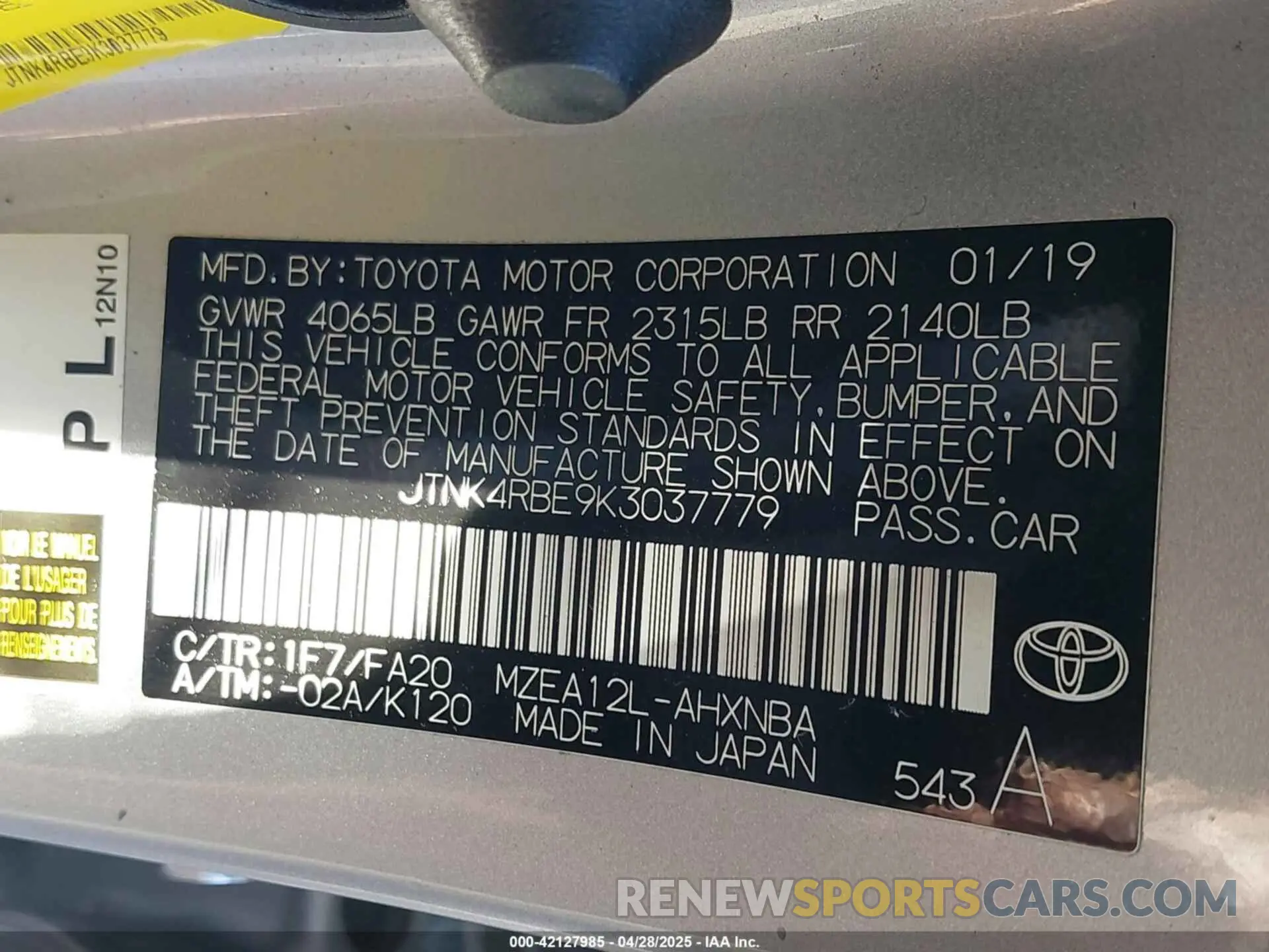 9 fotografías del automóvil dañado JTNK4RBE9K3037779 TOYOTA COROLLA 2019