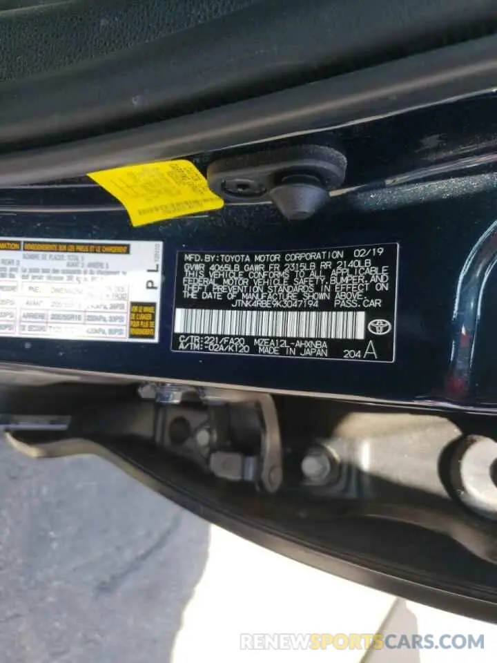 10 fotografías del automóvil dañado JTNK4RBE9K3047194 TOYOTA COROLLA 2019