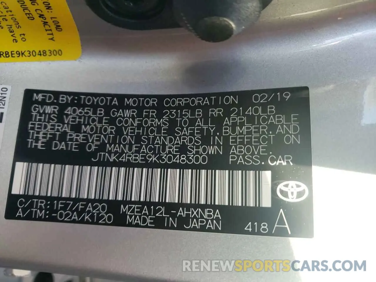 10 fotografías del automóvil dañado JTNK4RBE9K3048300 TOYOTA COROLLA 2019