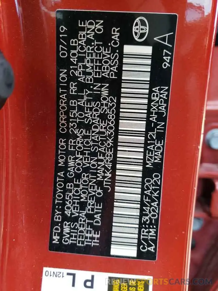 10 fotografías del automóvil dañado JTNK4RBE9K3068532 TOYOTA COROLLA 2019