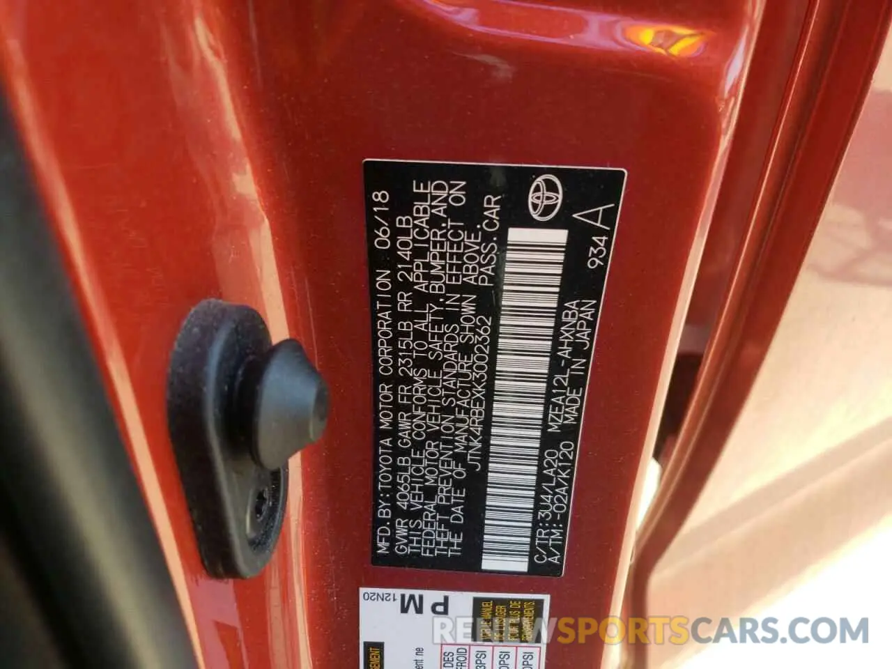 10 fotografías del automóvil dañado JTNK4RBEXK3002362 TOYOTA COROLLA 2019