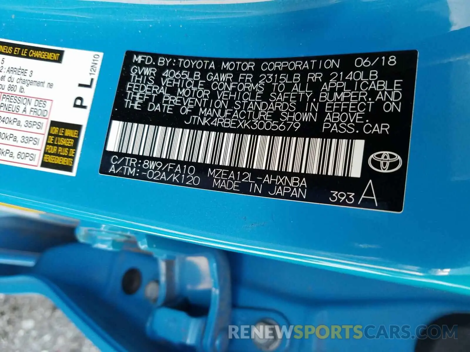 10 fotografías del automóvil dañado JTNK4RBEXK3005679 TOYOTA COROLLA 2019