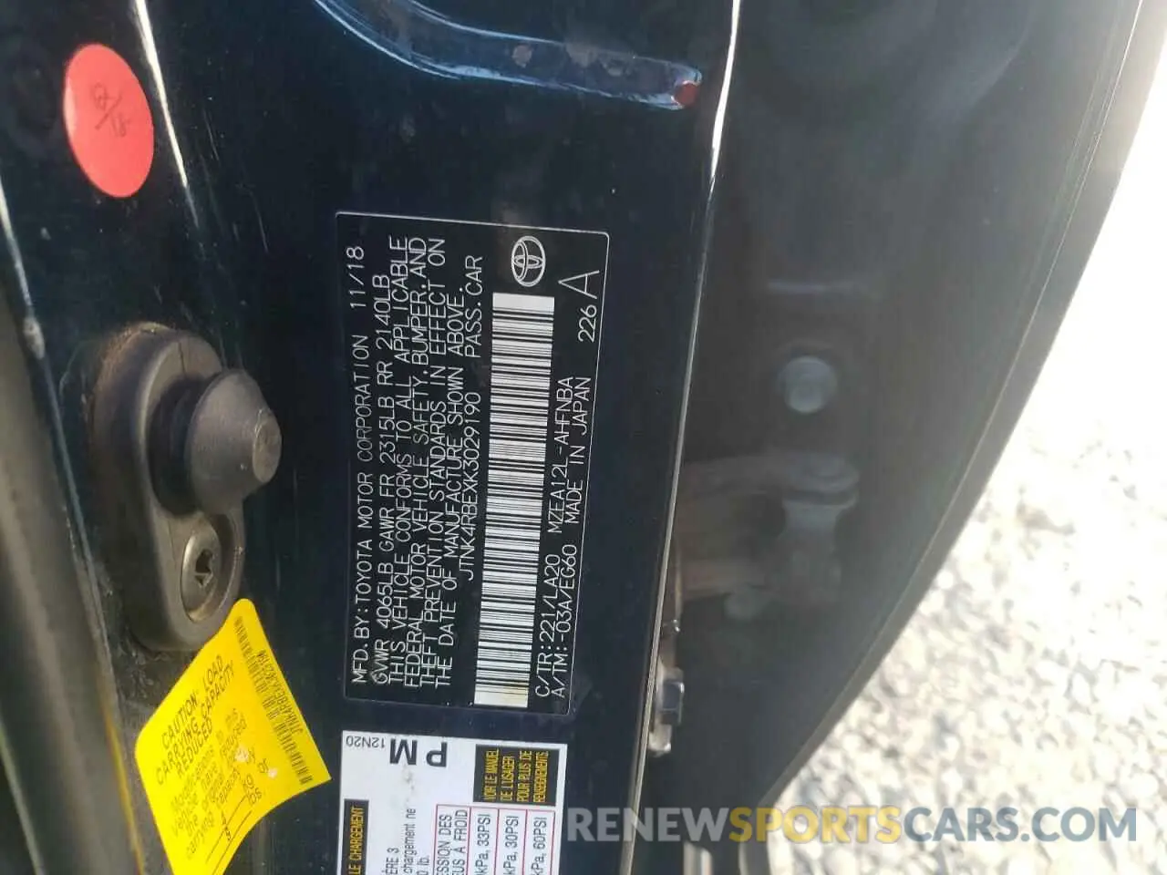 12 fotografías del automóvil dañado JTNK4RBEXK3029190 TOYOTA COROLLA 2019