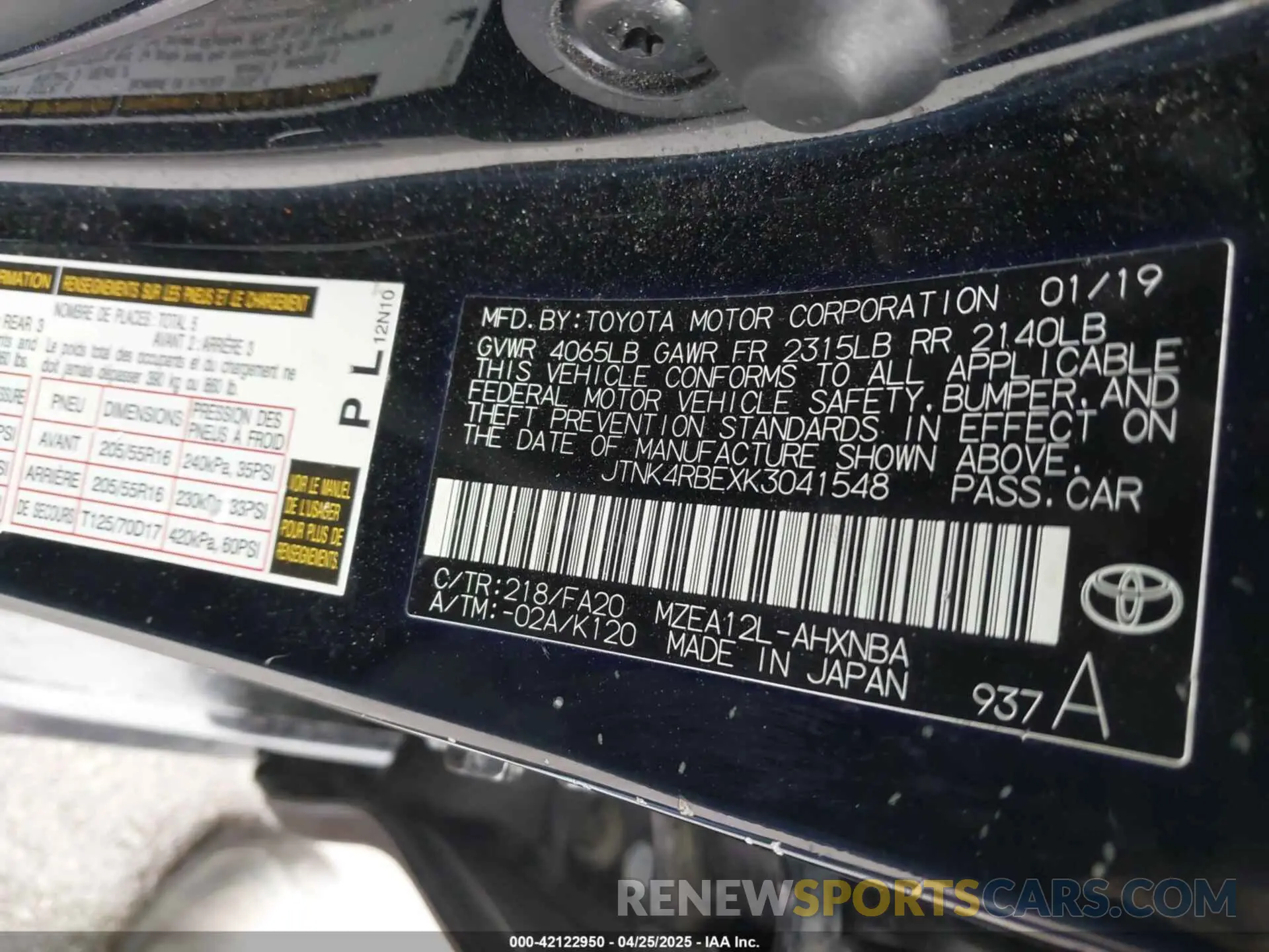 9 fotografías del automóvil dañado JTNK4RBEXK3041548 TOYOTA COROLLA 2019