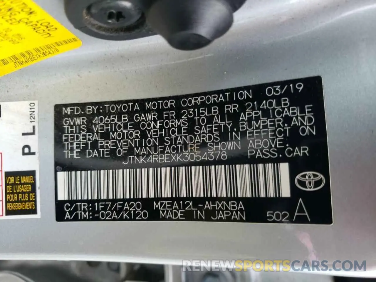 13 fotografías del automóvil dañado JTNK4RBEXK3054378 TOYOTA COROLLA 2019