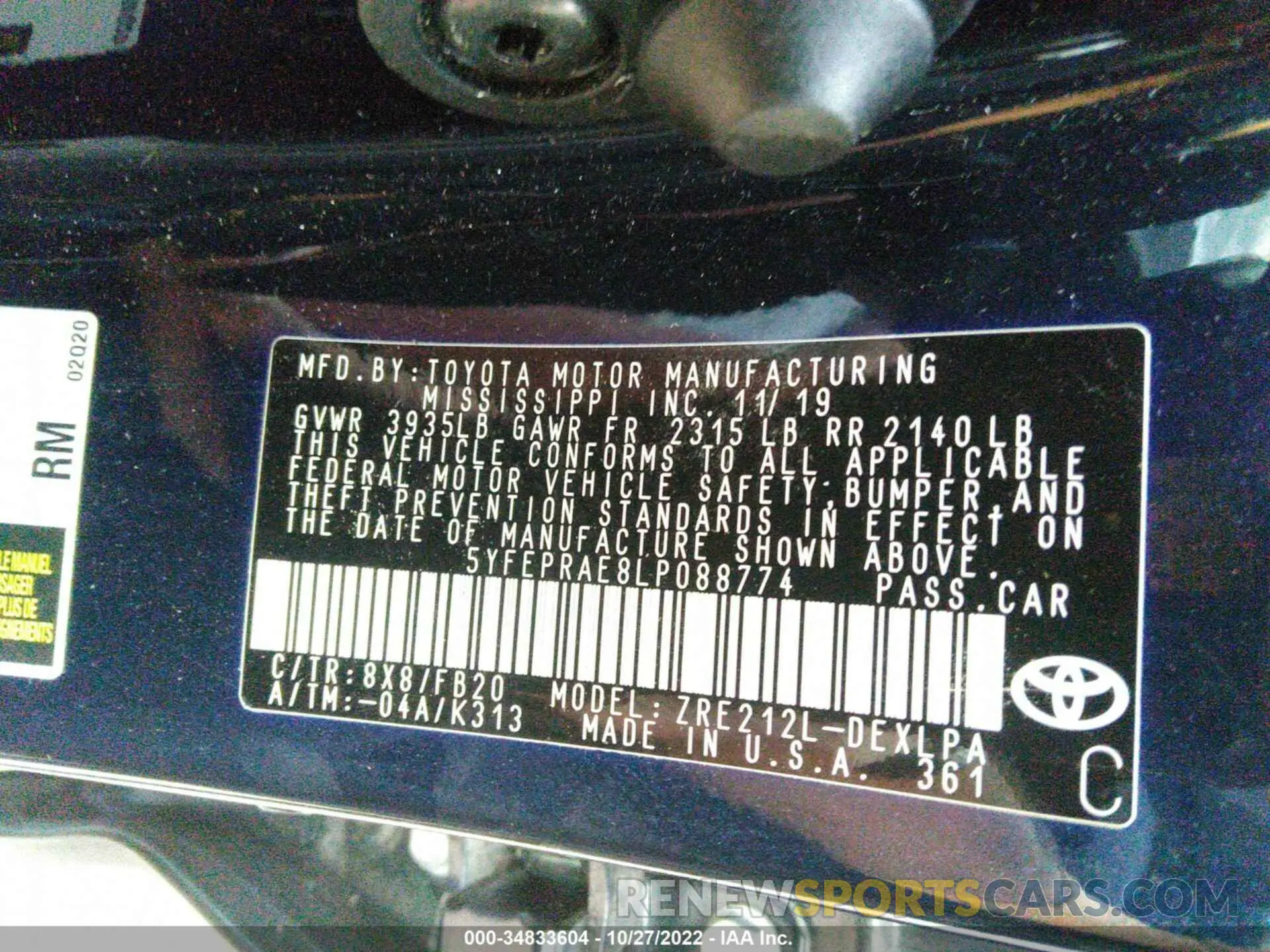 9 fotografías del automóvil dañado 00FEPRAE8LP088774 TOYOTA COROLLA 2020