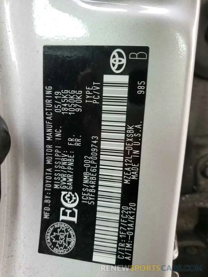 12 fotografías del automóvil dañado 5YFB4RBE6LP009743 TOYOTA COROLLA 2020