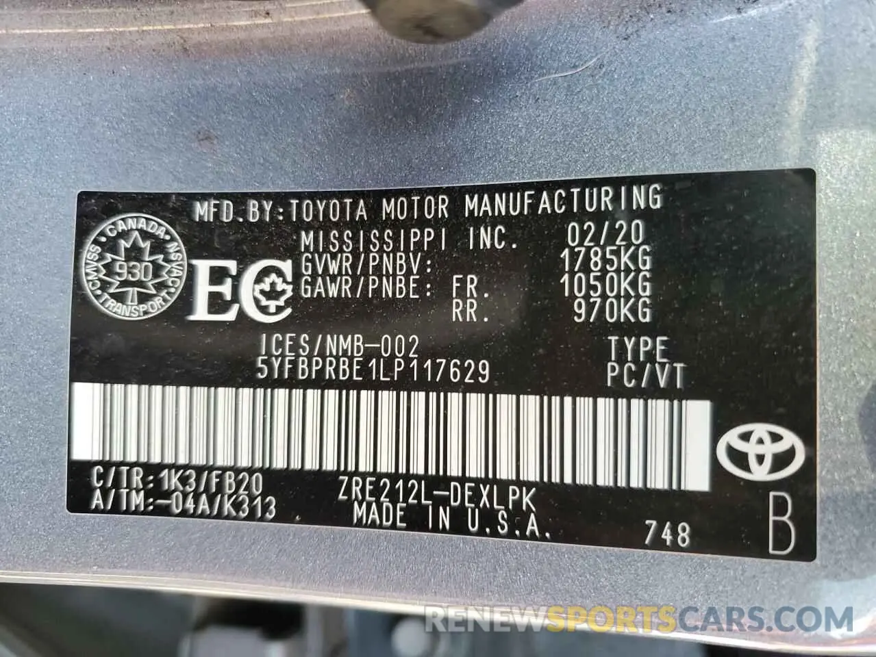 12 fotografías del automóvil dañado 5YFBPRBE1LP117629 TOYOTA COROLLA 2020