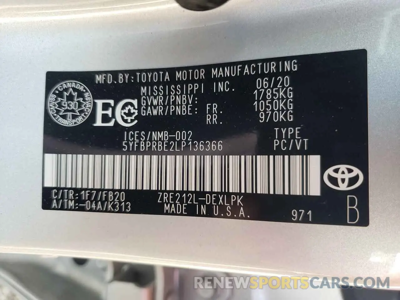 10 fotografías del automóvil dañado 5YFBPRBE2LP136366 TOYOTA COROLLA 2020