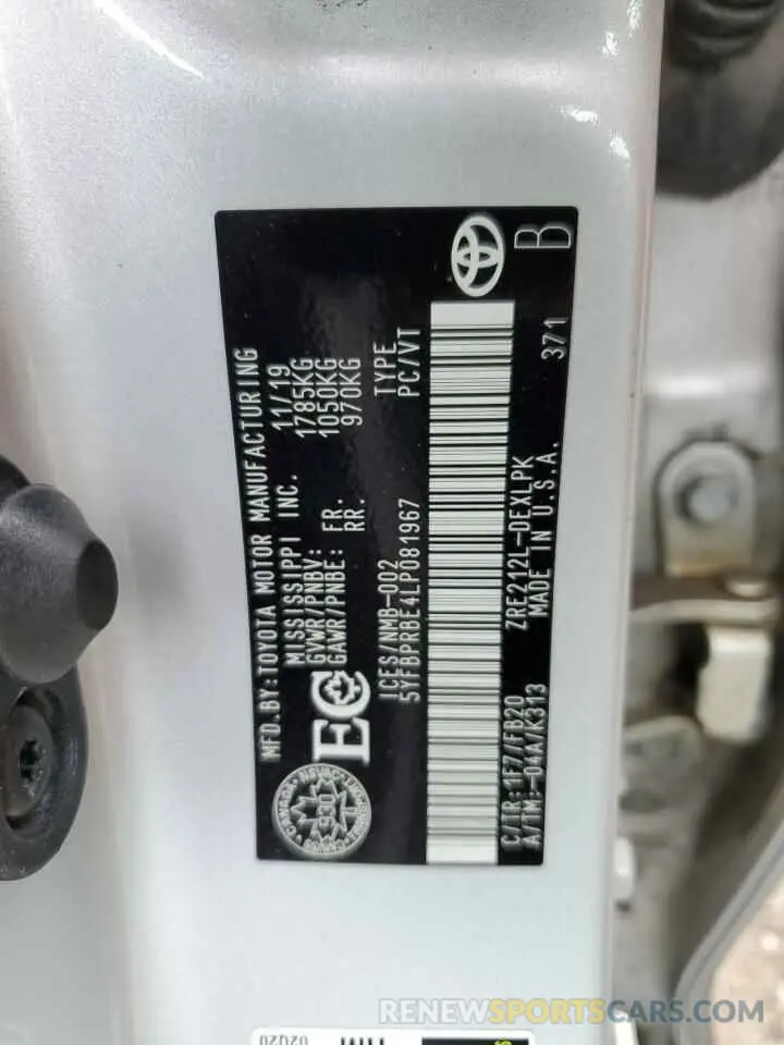 12 fotografías del automóvil dañado 5YFBPRBE4LP081967 TOYOTA COROLLA 2020