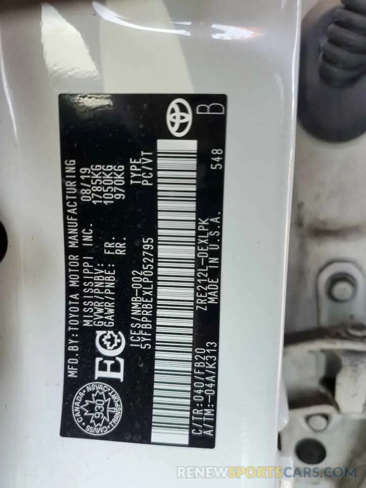 12 fotografías del automóvil dañado 5YFBPRBEXLP052795 TOYOTA COROLLA 2020
