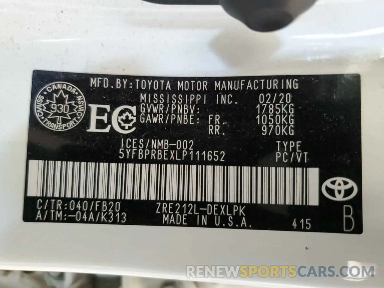 12 fotografías del automóvil dañado 5YFBPRBEXLP111652 TOYOTA COROLLA 2020