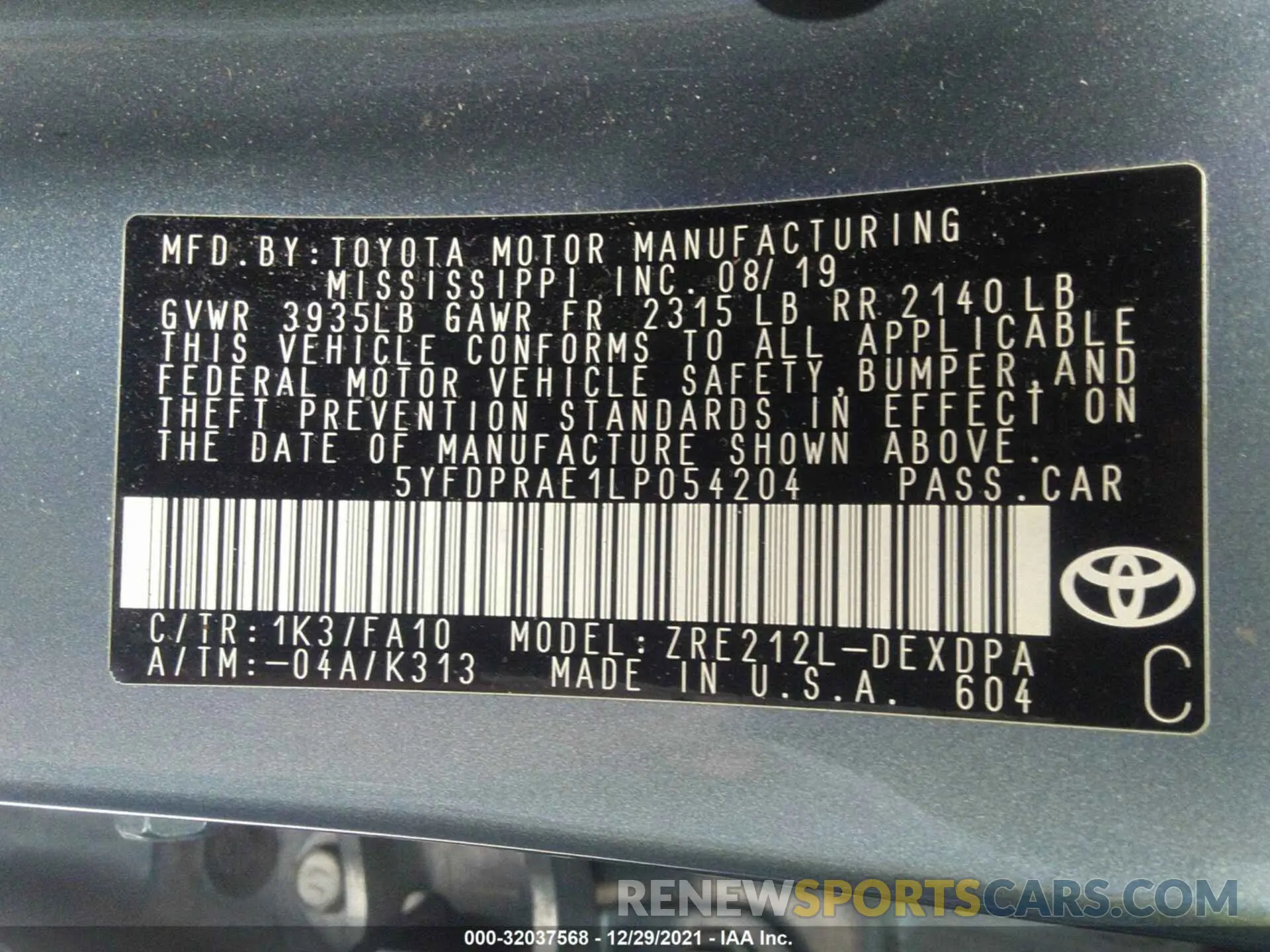 9 fotografías del automóvil dañado 5YFDPRAE1LP054204 TOYOTA COROLLA 2020