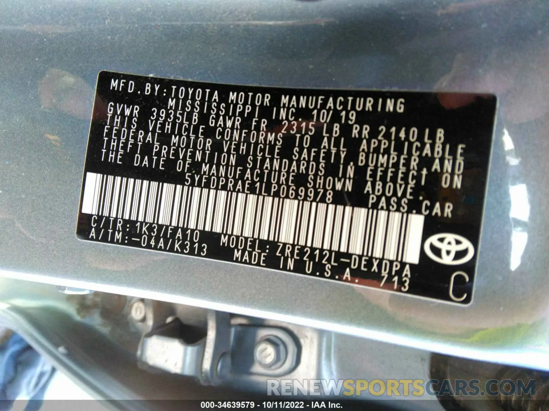 9 fotografías del automóvil dañado 5YFDPRAE1LP069978 TOYOTA COROLLA 2020