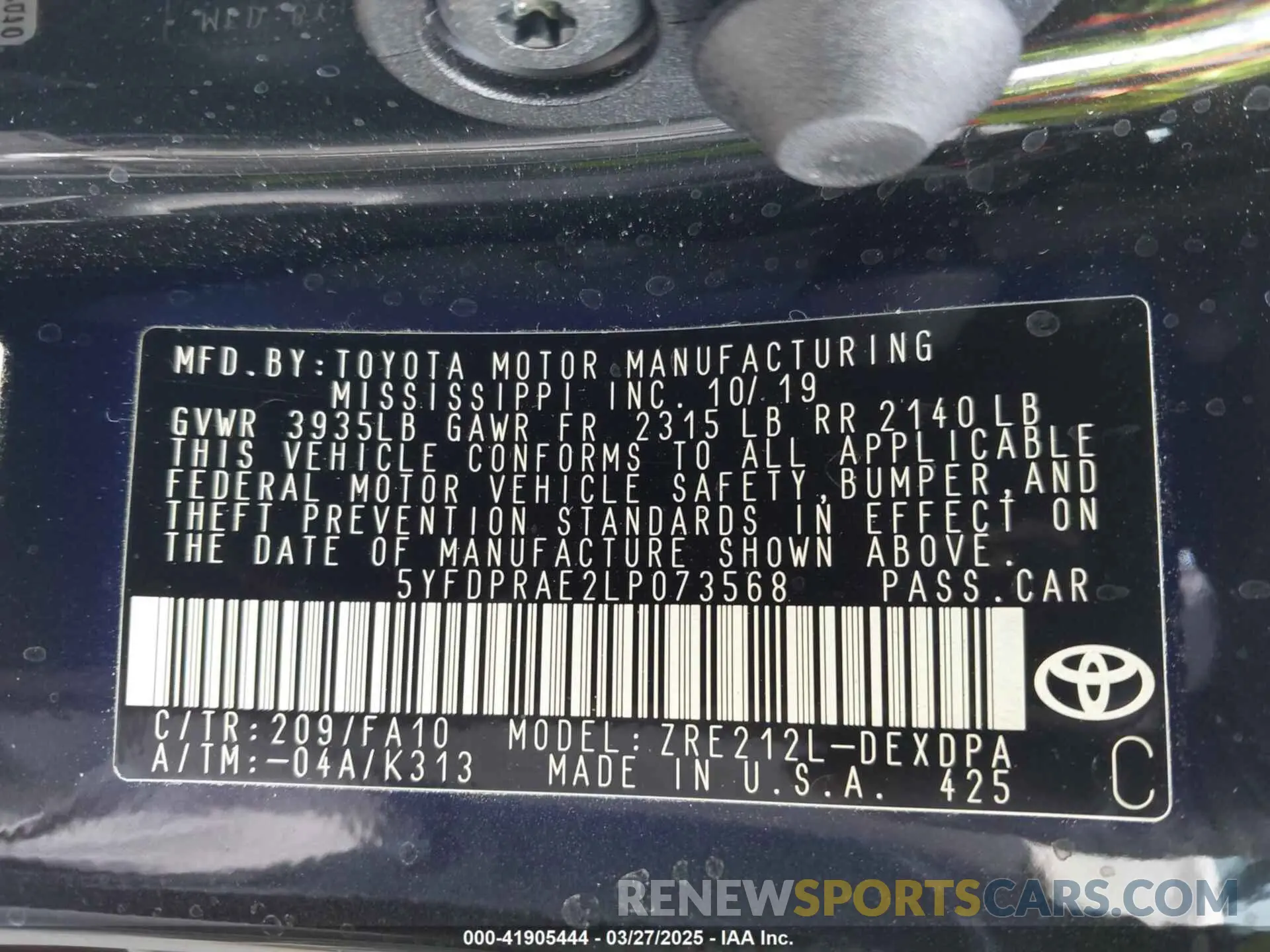 9 fotografías del automóvil dañado 5YFDPRAE2LP073568 TOYOTA COROLLA 2020