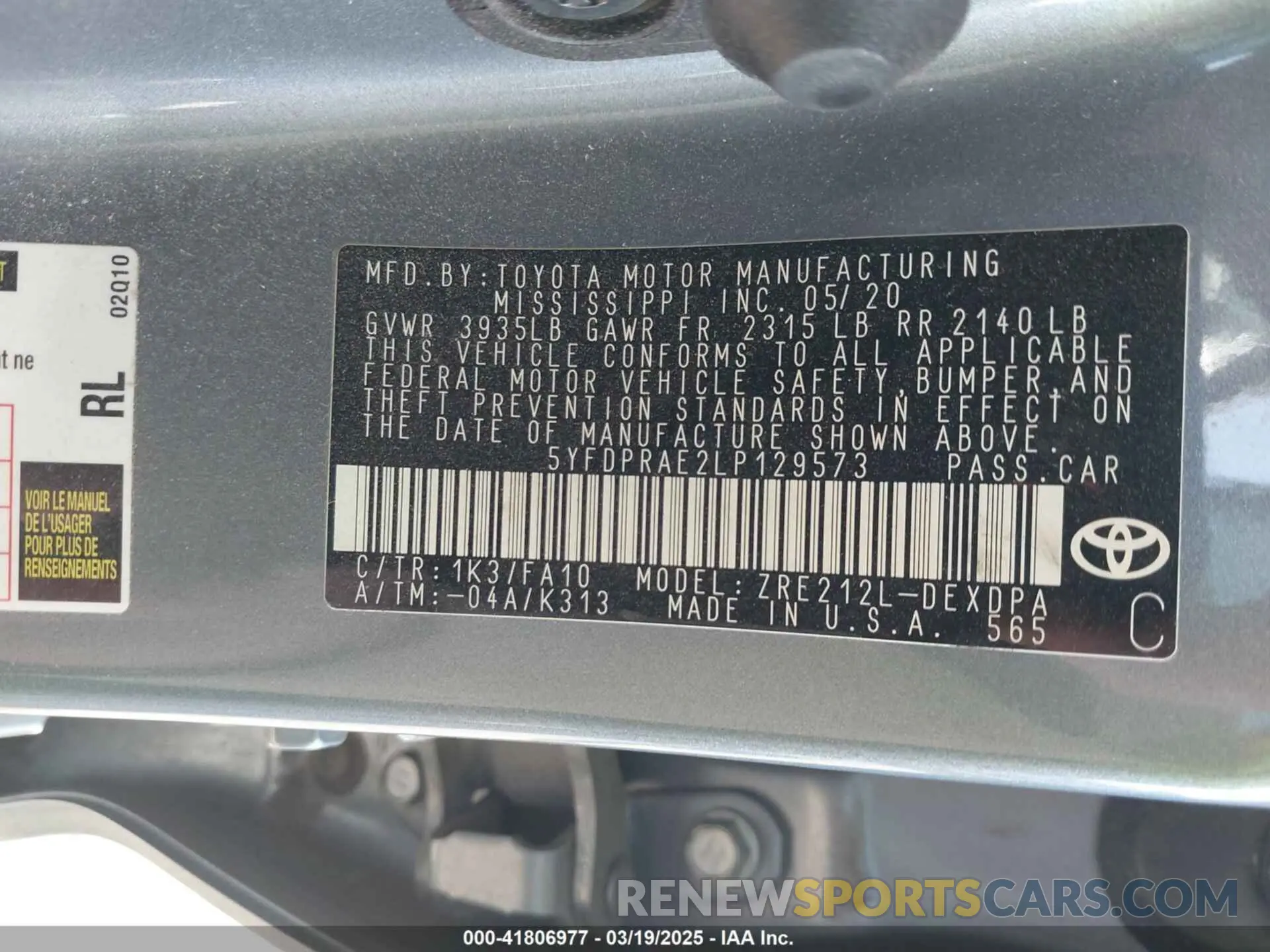 9 fotografías del automóvil dañado 5YFDPRAE2LP129573 TOYOTA COROLLA 2020