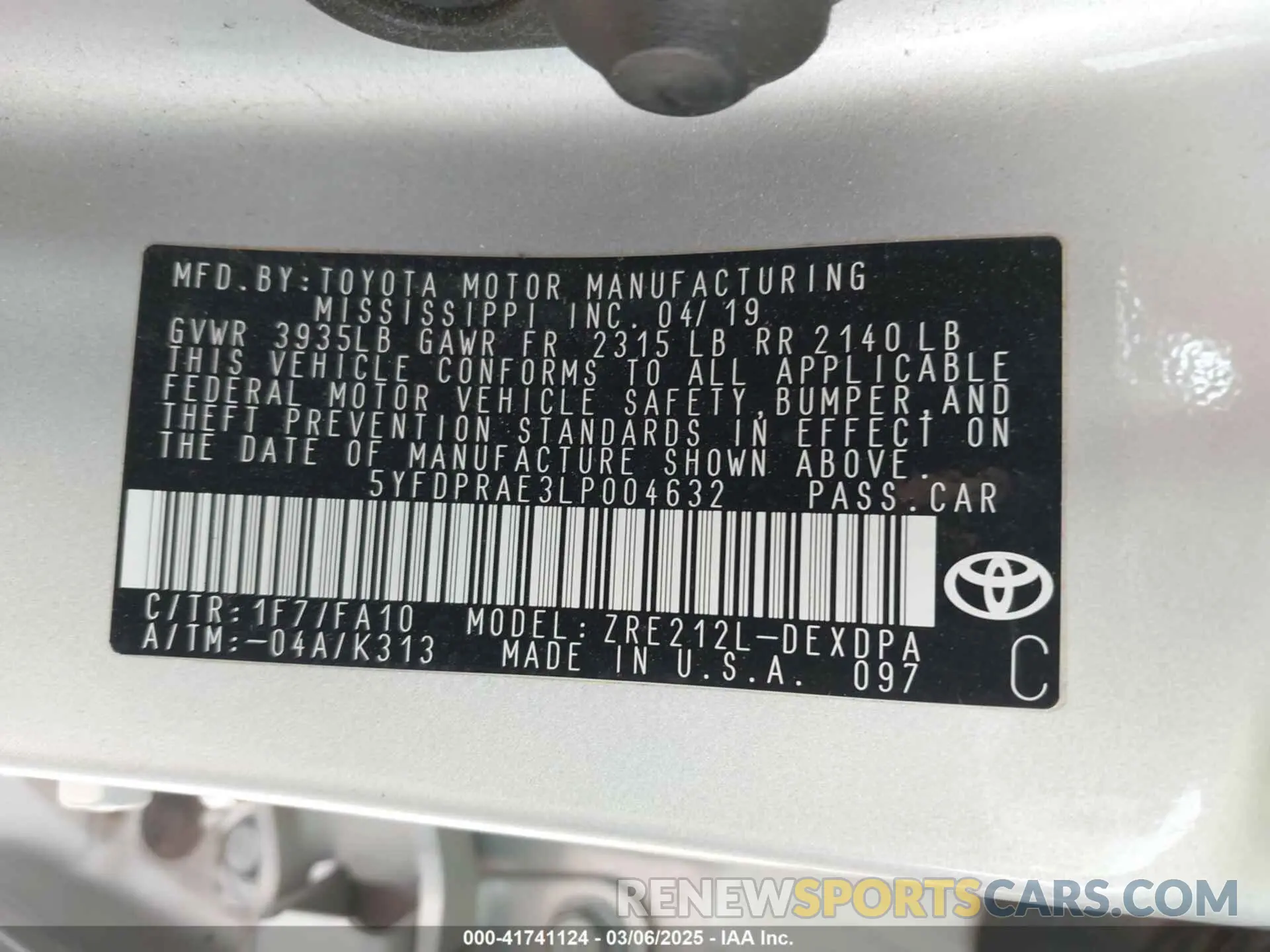 9 fotografías del automóvil dañado 5YFDPRAE3LP004632 TOYOTA COROLLA 2020
