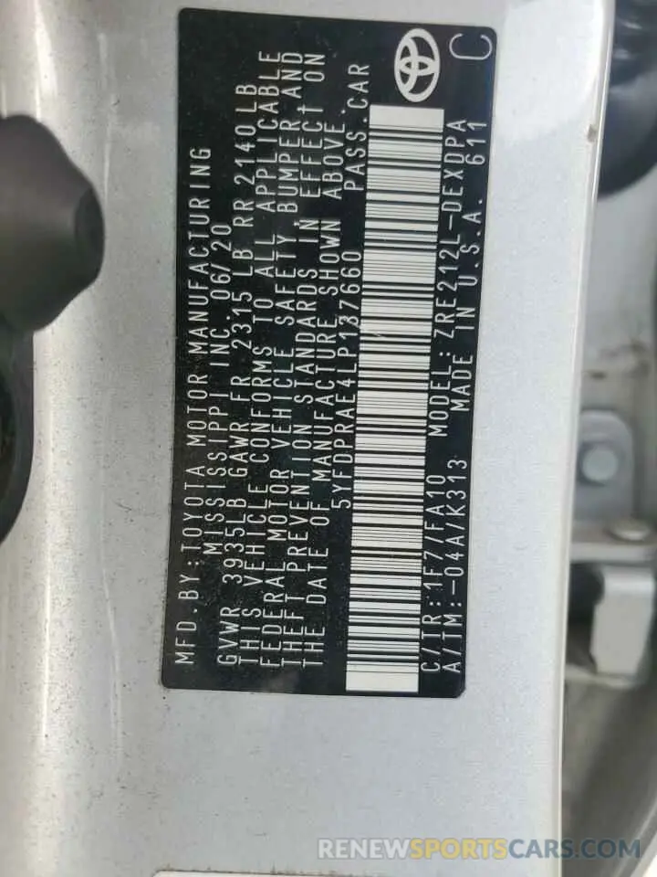 12 fotografías del automóvil dañado 5YFDPRAE4LP137660 TOYOTA COROLLA 2020
