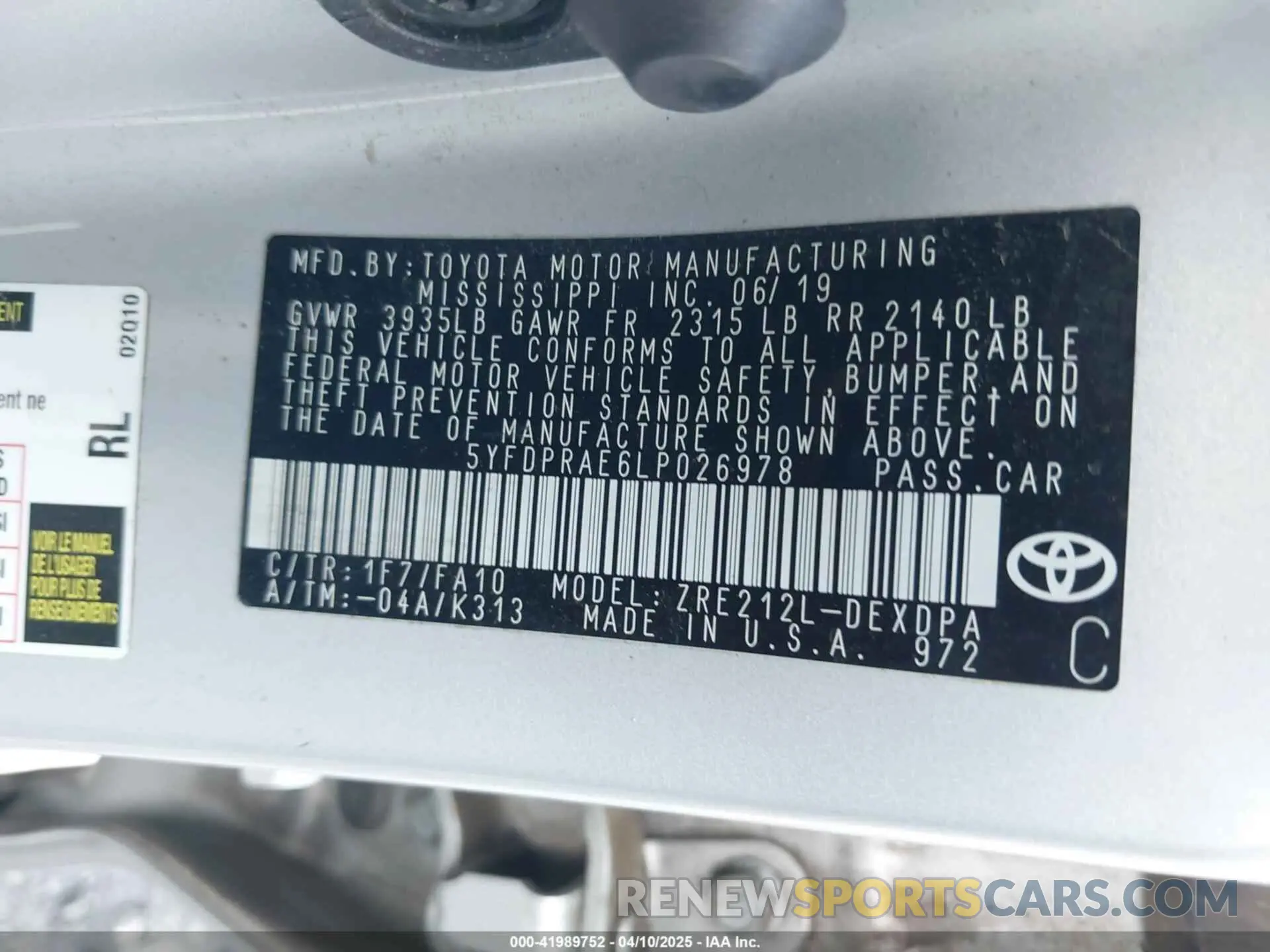 9 fotografías del automóvil dañado 5YFDPRAE6LP026978 TOYOTA COROLLA 2020
