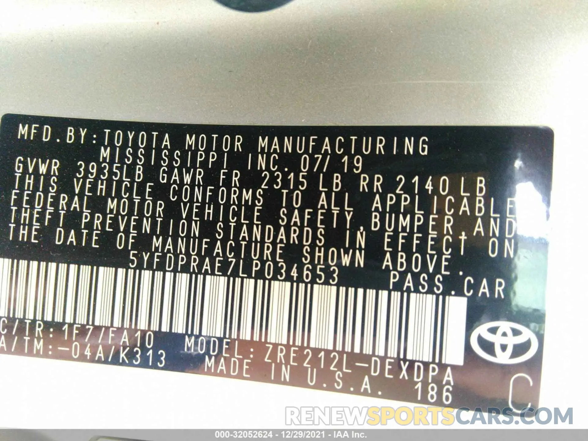 9 fotografías del automóvil dañado 5YFDPRAE7LP034653 TOYOTA COROLLA 2020