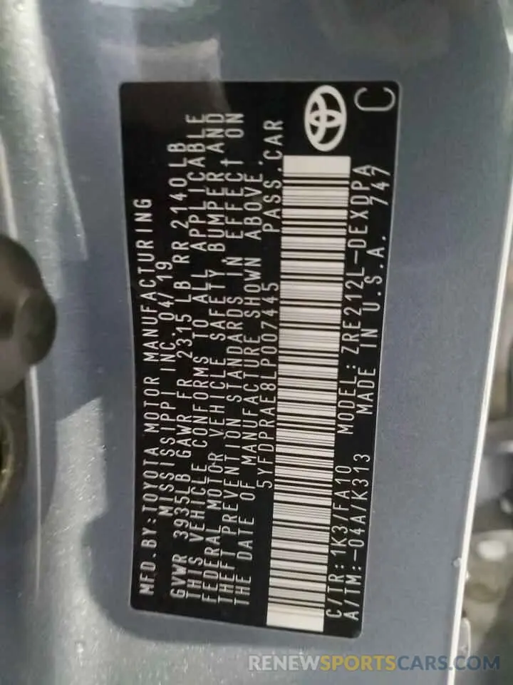 12 fotografías del automóvil dañado 5YFDPRAE8LP007445 TOYOTA COROLLA 2020