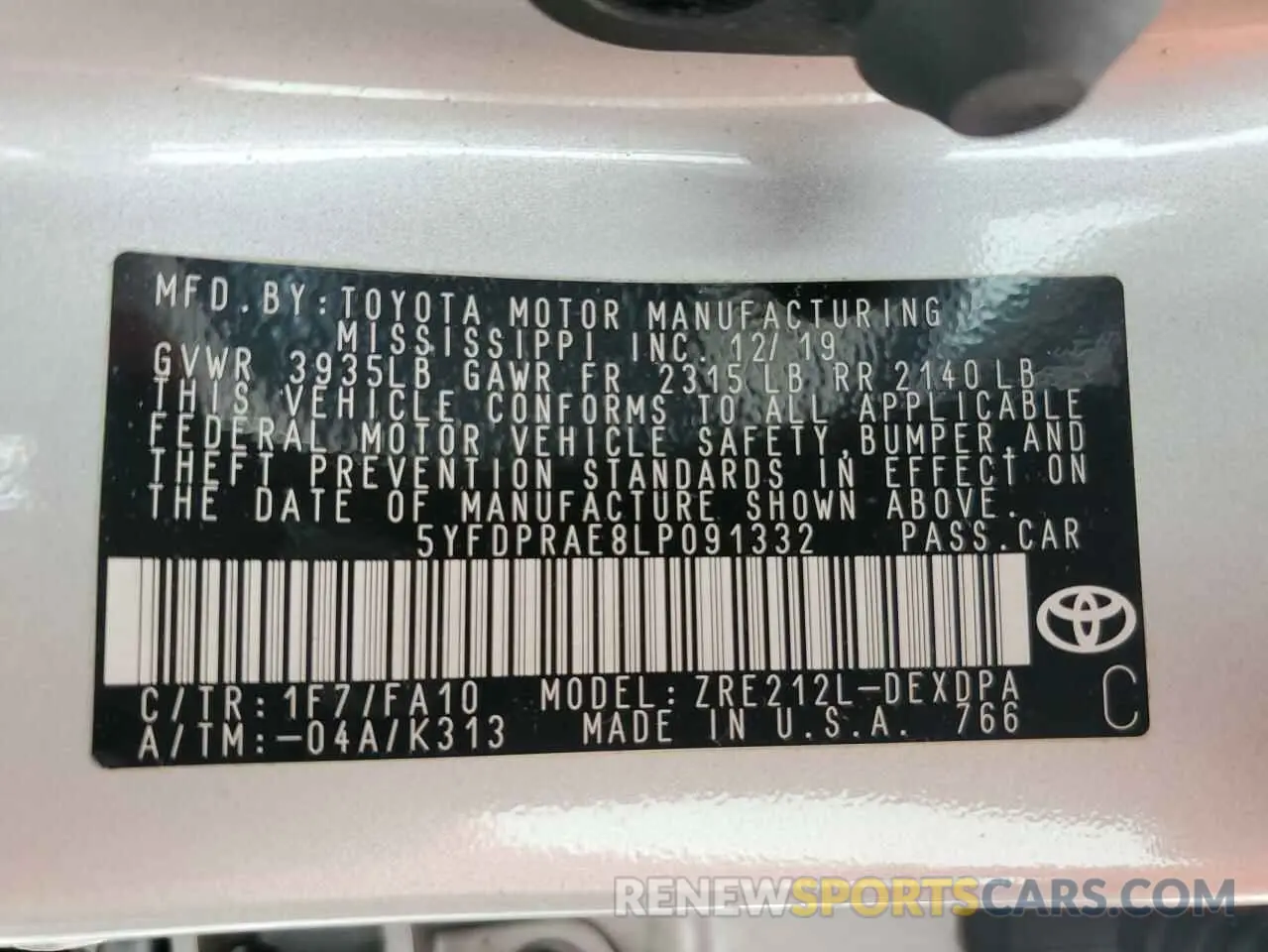 13 fotografías del automóvil dañado 5YFDPRAE8LP091332 TOYOTA COROLLA 2020