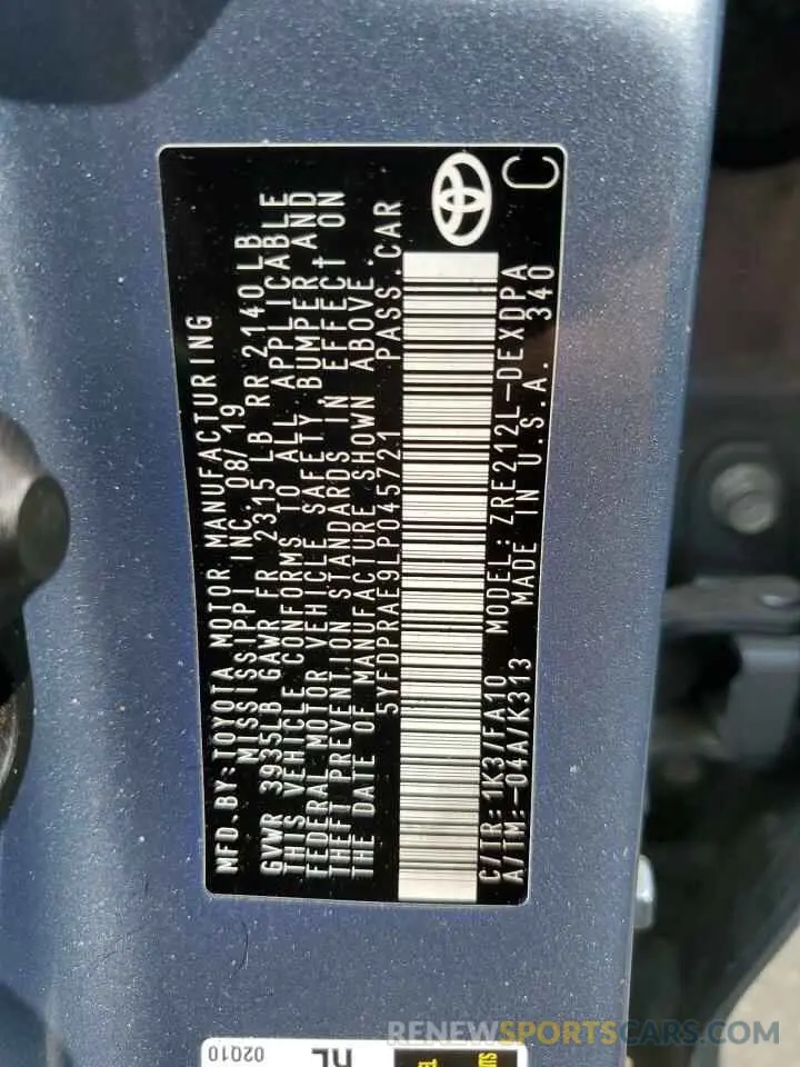 12 fotografías del automóvil dañado 5YFDPRAE9LP045721 TOYOTA COROLLA 2020