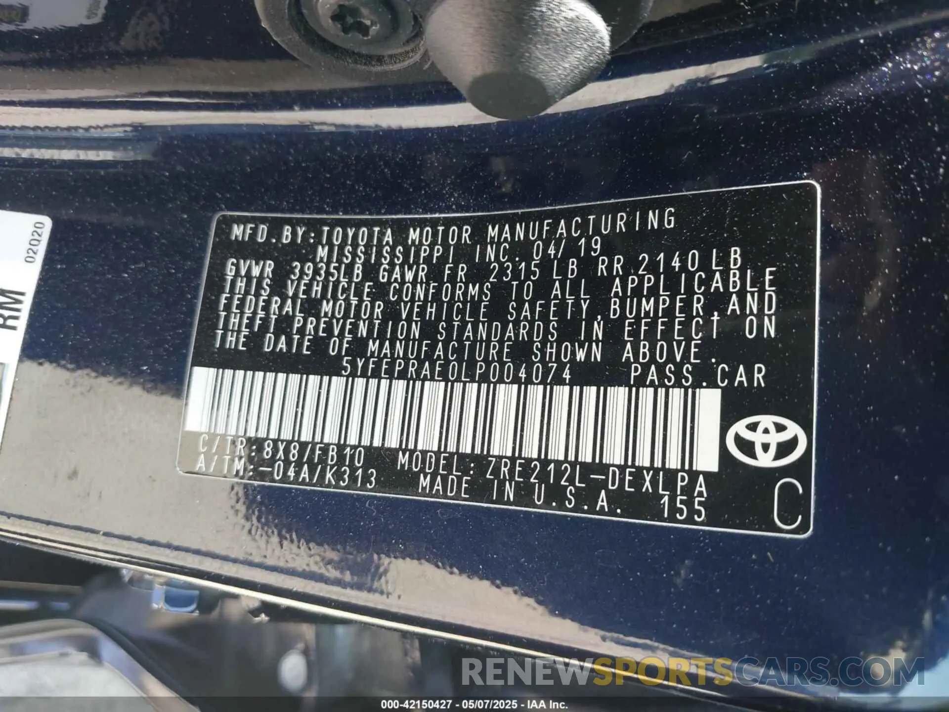 9 fotografías del automóvil dañado 5YFEPRAE0LP004074 TOYOTA COROLLA 2020