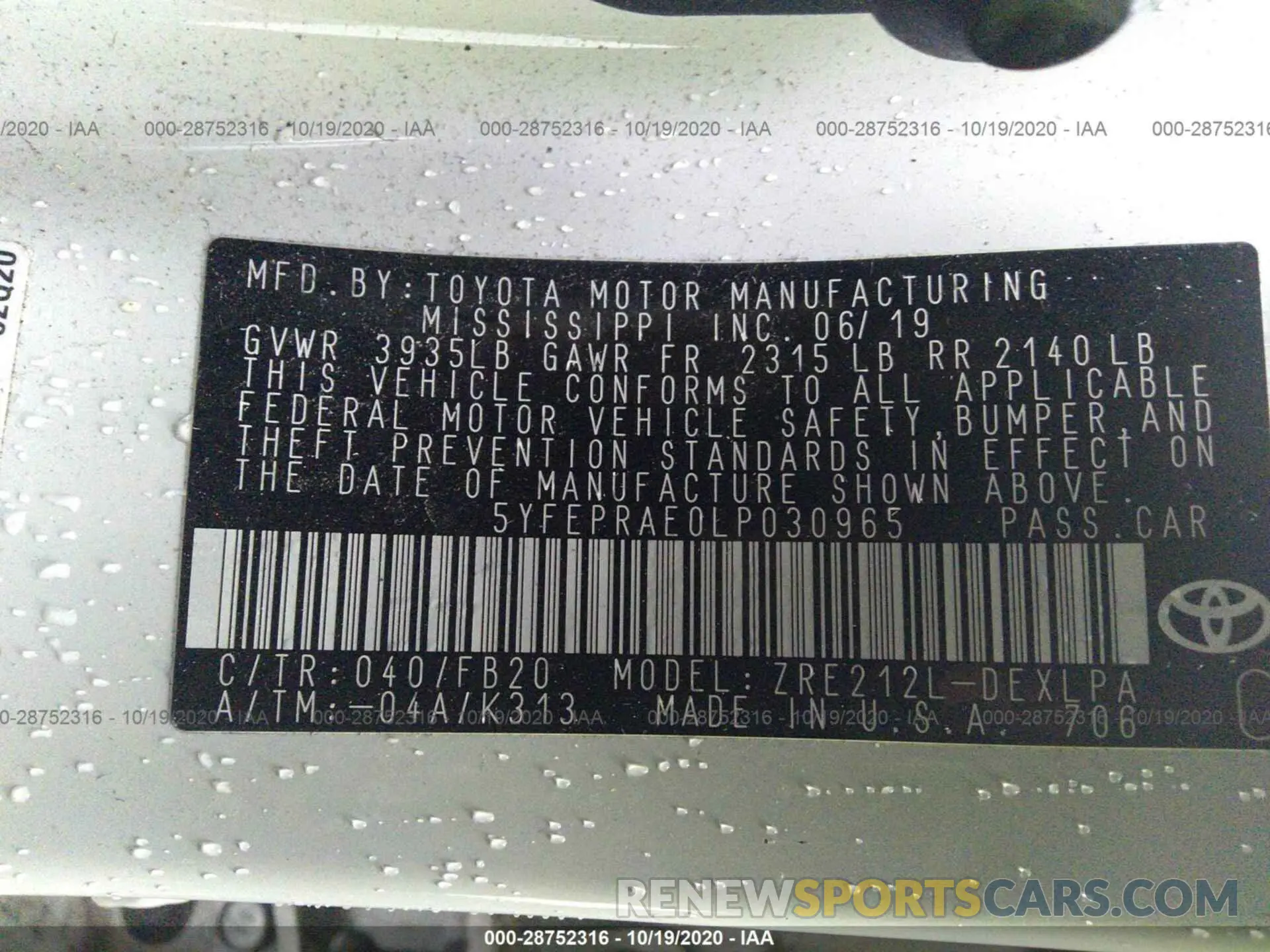 9 fotografías del automóvil dañado 5YFEPRAE0LP030965 TOYOTA COROLLA 2020