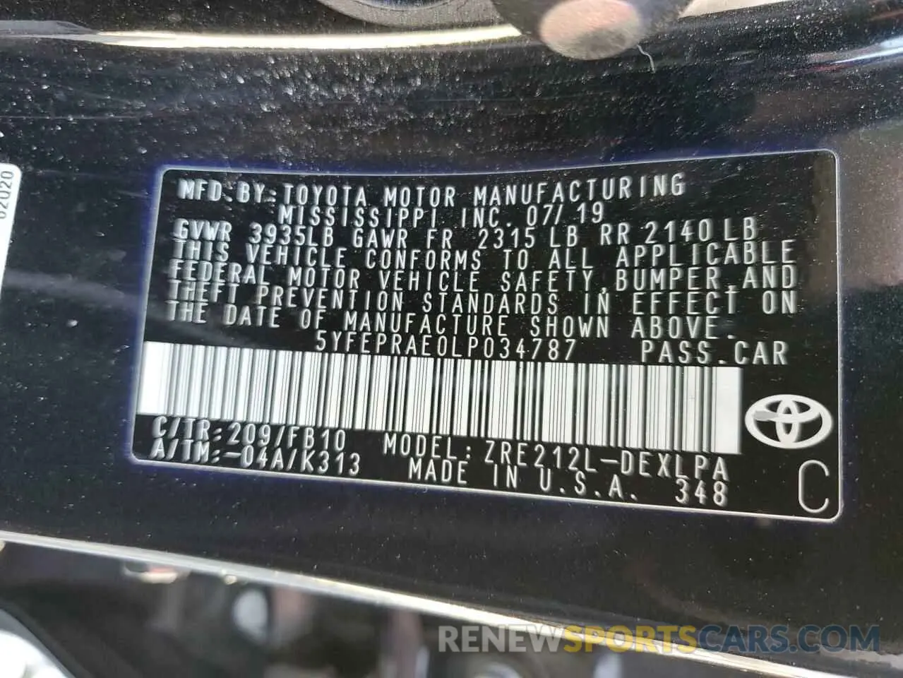 12 fotografías del automóvil dañado 5YFEPRAE0LP034787 TOYOTA COROLLA 2020