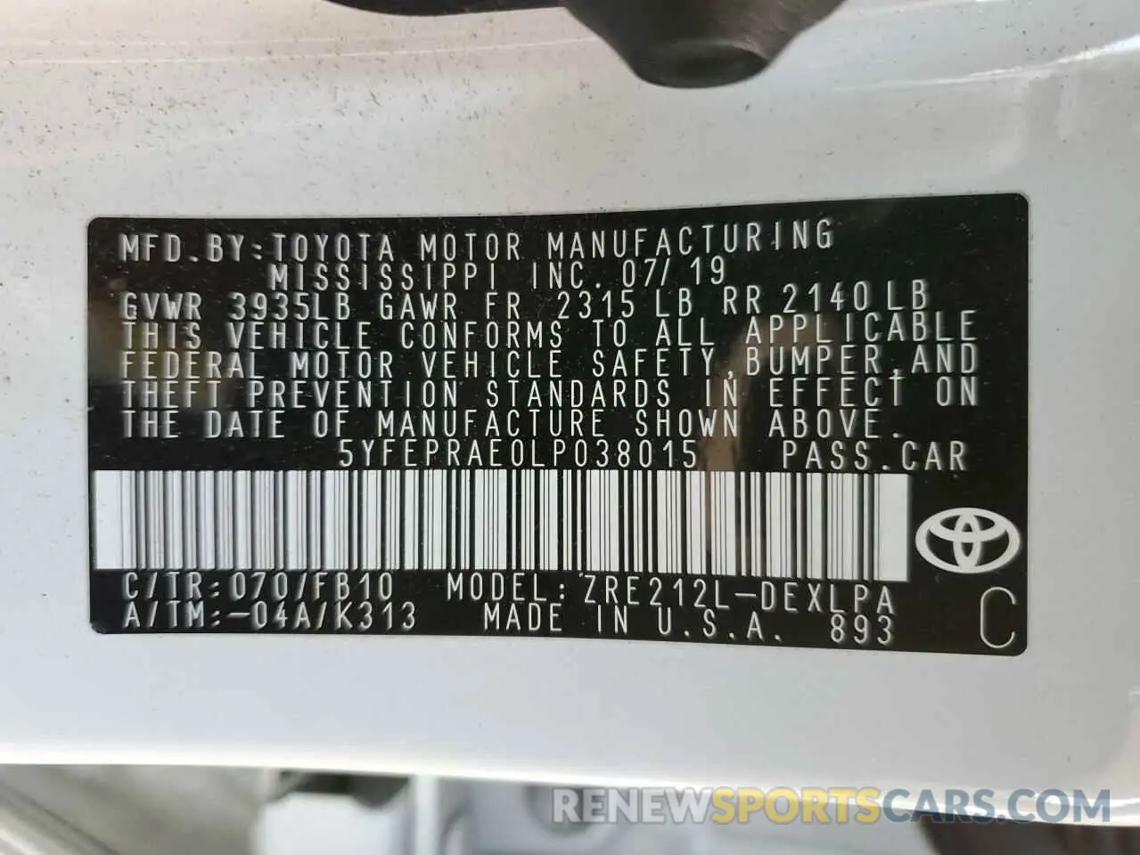 13 fotografías del automóvil dañado 5YFEPRAE0LP038015 TOYOTA COROLLA 2020