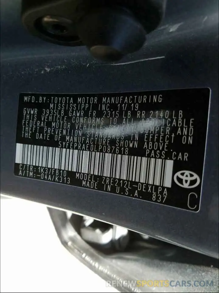 10 fotografías del automóvil dañado 5YFEPRAE0LP087618 TOYOTA COROLLA 2020