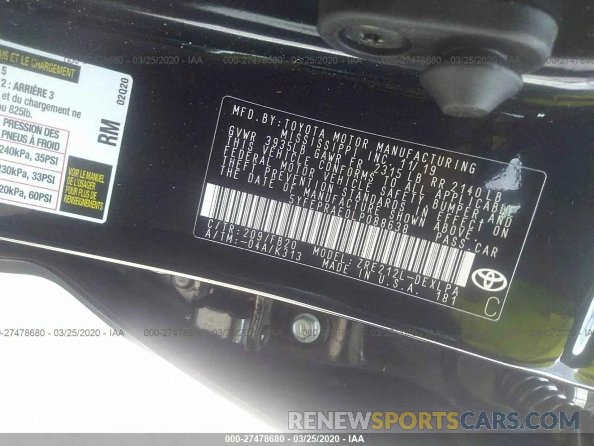 9 fotografías del automóvil dañado 5YFEPRAE0LP088638 TOYOTA COROLLA 2020