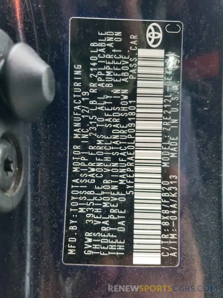 13 fotografías del automóvil dañado 5YFEPRAE0LP091801 TOYOTA COROLLA 2020