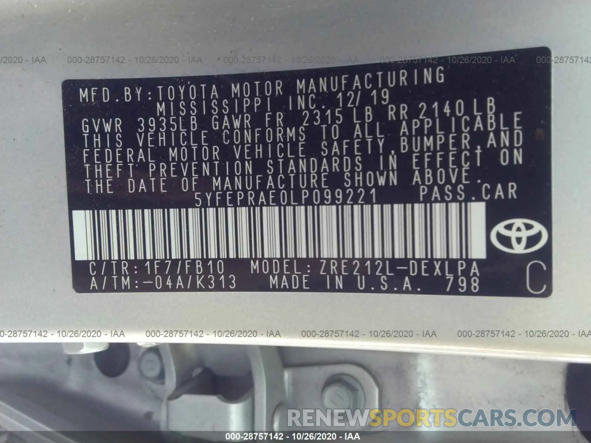 9 fotografías del automóvil dañado 5YFEPRAE0LP099221 TOYOTA COROLLA 2020