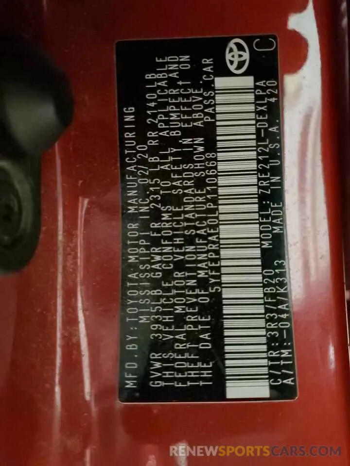12 fotografías del automóvil dañado 5YFEPRAE0LP110668 TOYOTA COROLLA 2020