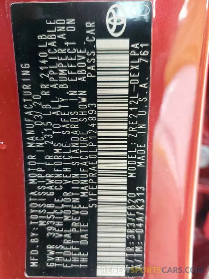 12 fotografías del automóvil dañado 5YFEPRAE0LP124893 TOYOTA COROLLA 2020