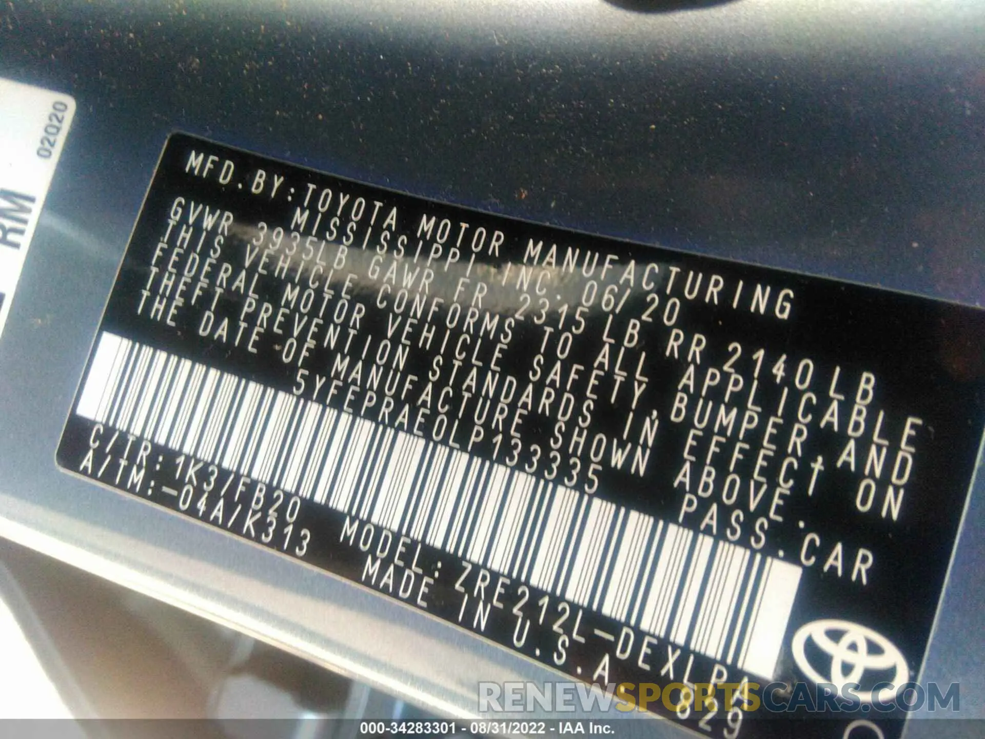 9 fotografías del automóvil dañado 5YFEPRAE0LP133335 TOYOTA COROLLA 2020