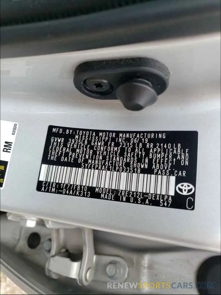 10 fotografías del automóvil dañado 5YFEPRAE1LP033518 TOYOTA COROLLA 2020