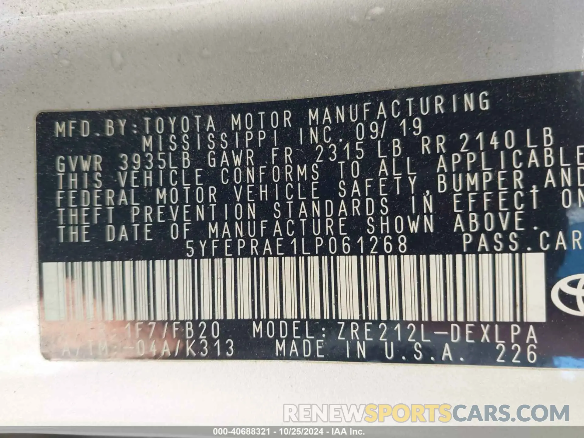 9 fotografías del automóvil dañado 5YFEPRAE1LP061268 TOYOTA COROLLA 2020