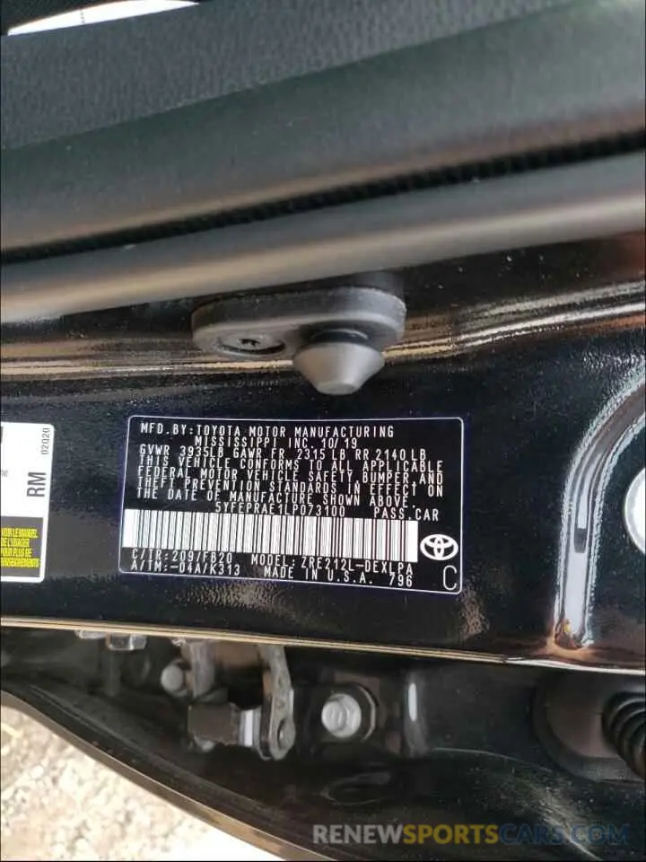 10 fotografías del automóvil dañado 5YFEPRAE1LP073100 TOYOTA COROLLA 2020