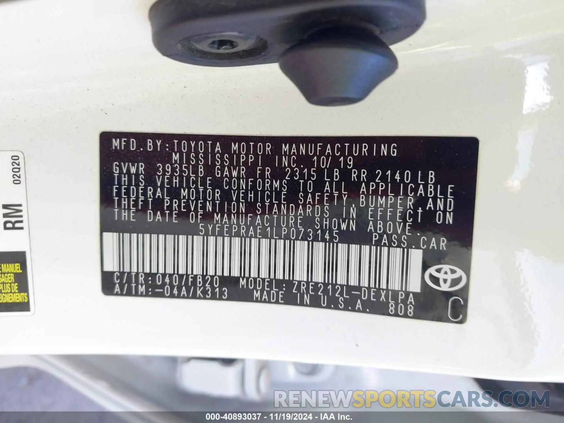 9 fotografías del automóvil dañado 5YFEPRAE1LP073145 TOYOTA COROLLA 2020