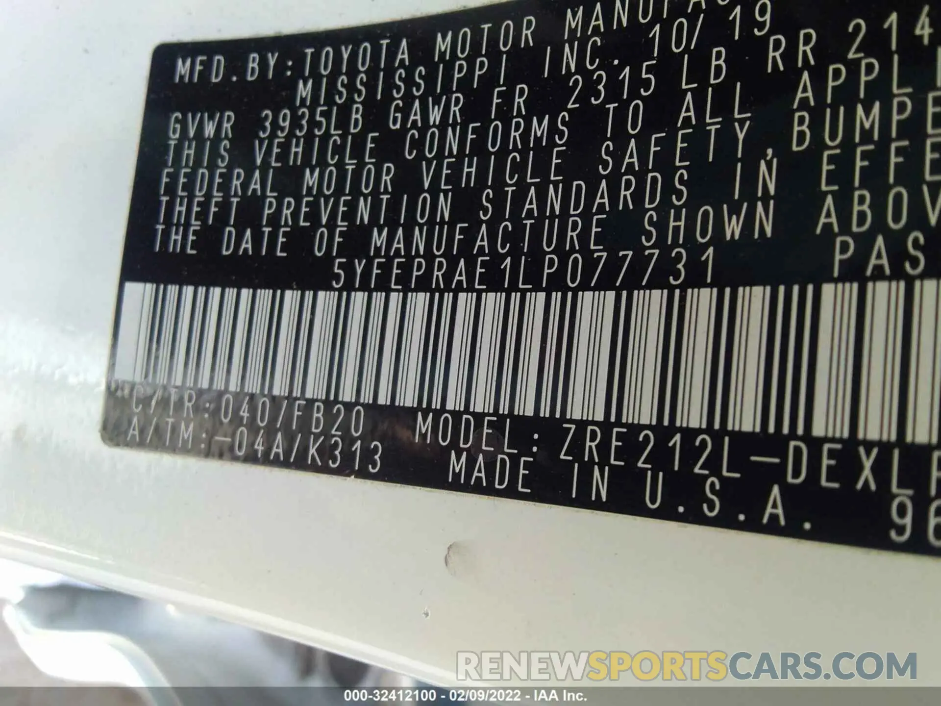9 fotografías del automóvil dañado 5YFEPRAE1LP077731 TOYOTA COROLLA 2020
