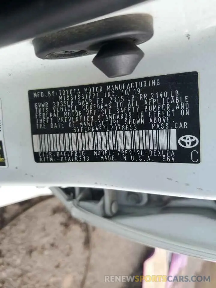 12 fotografías del automóvil dañado 5YFEPRAE1LP078653 TOYOTA COROLLA 2020
