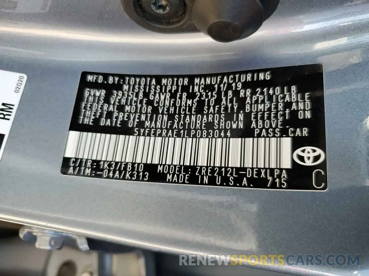 12 fotografías del automóvil dañado 5YFEPRAE1LP083044 TOYOTA COROLLA 2020