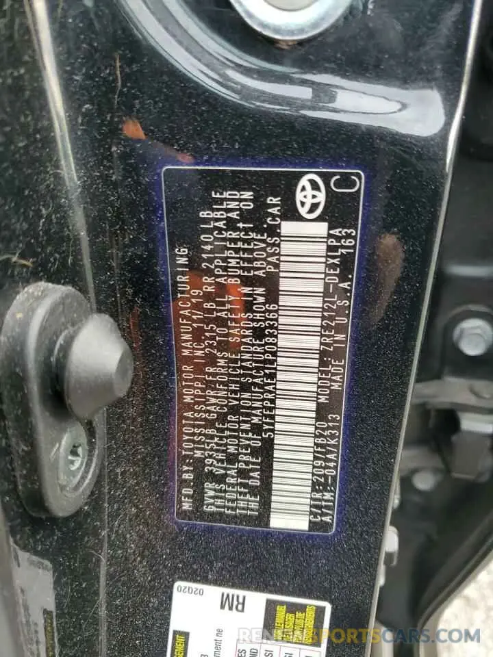 12 fotografías del automóvil dañado 5YFEPRAE1LP083366 TOYOTA COROLLA 2020