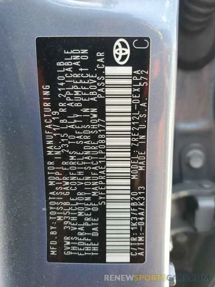 12 fotografías del automóvil dañado 5YFEPRAE1LP088177 TOYOTA COROLLA 2020